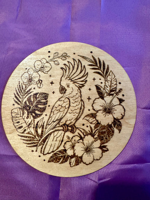 Cockatoo Among Tropical Flowers woodburning plaque
