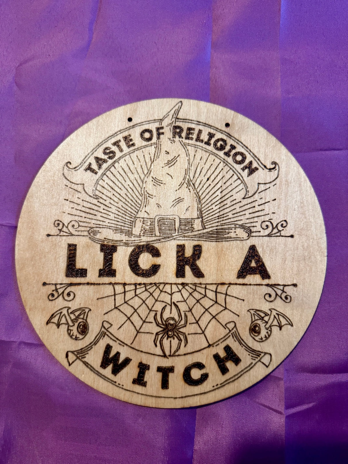Taste of Religion — Lick a Witch woodburning plaque