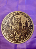 Owl Under the Crescent Moon Plaque woodburning plaque